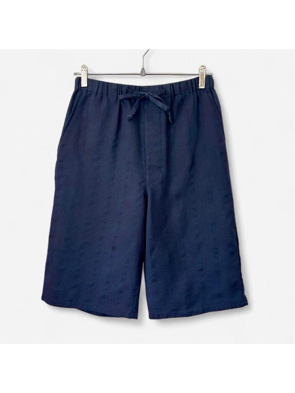 Handmade Navy Blue Seersucker Bermuda Shorts Minimalist Quiet Luxury- Size Small
